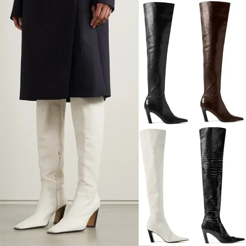 European and American Style Crocodile Patterned High-heeled Knee High Zipper Boots for Women's Fashion Real Leather Shoes