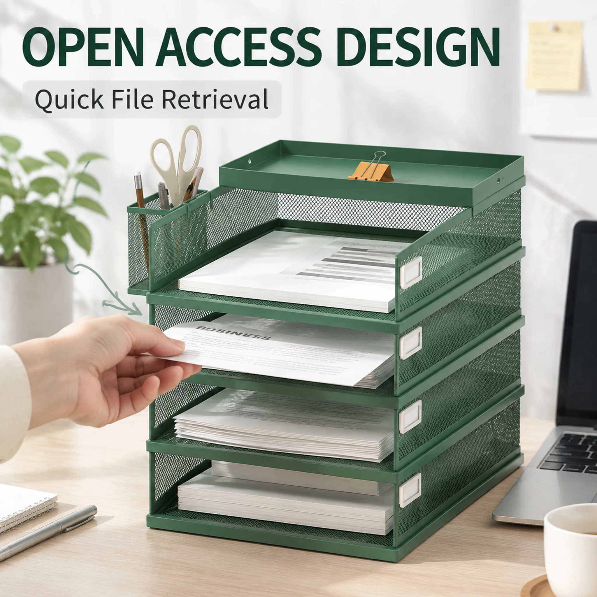 Four-layer metal mesh desktop file storage rack,with side pen holders,suitable for office,It is a storage rack for A4 paper,lett