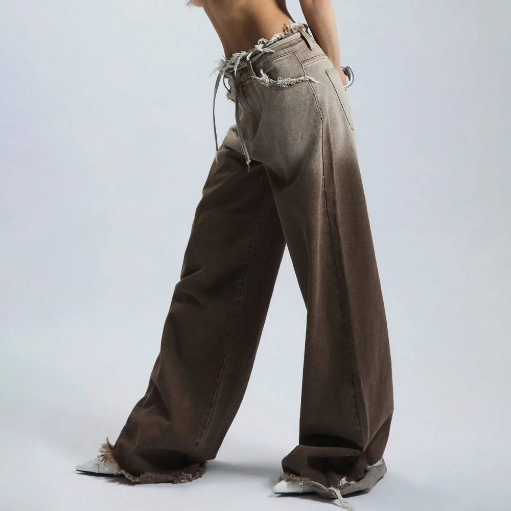 

Retro Gradient Brushed Wide Leg Jeans Autumn and Winter Women's Fashion Street Y2K Loose Cotton Low Waist Straight Leg Jeans