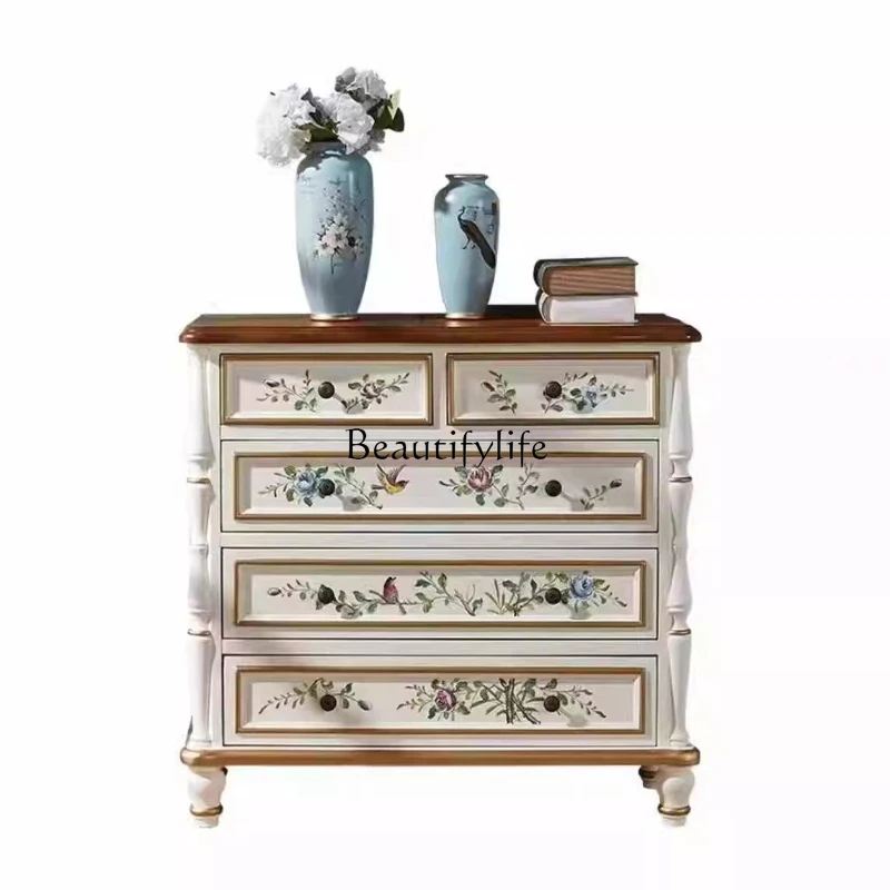 

94 * 38 * 90 American pastoral chest of drawers flower and bird painted solid wood storage cabinet