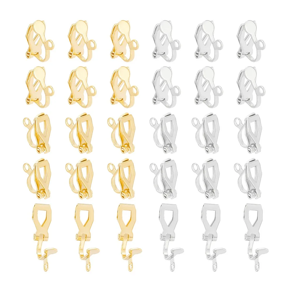

32Pcs 2 Colors Brass Clip-on Earring Findings with Loops Lead Free Cadmium Free Mixed Color 12x5.5x9mm Hole: 1.6mm 16pcs/color