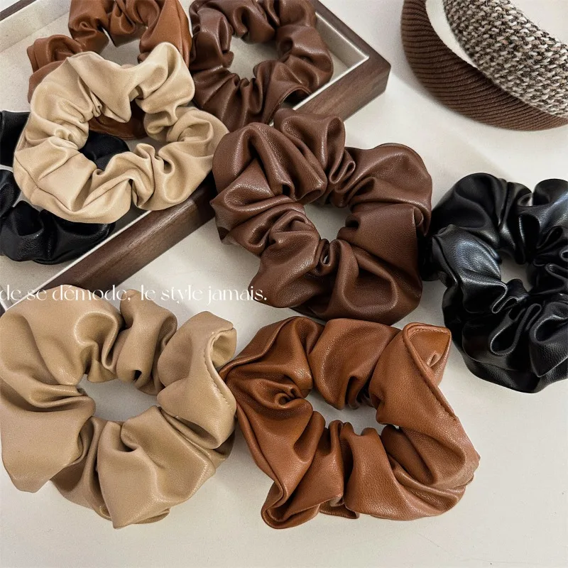 High-Grade Leather Large Intestine Ring Large and Small Sizes Hair Band Gentle Coffee Color Series Ponytail Bun Hair Rope New