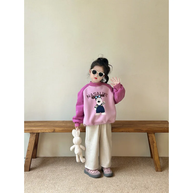 Girls' fleece-lined sweater2024Autumn and Winter New Children2-7Single-Layer Fleece-Lined-Year-Old Children Padded Top