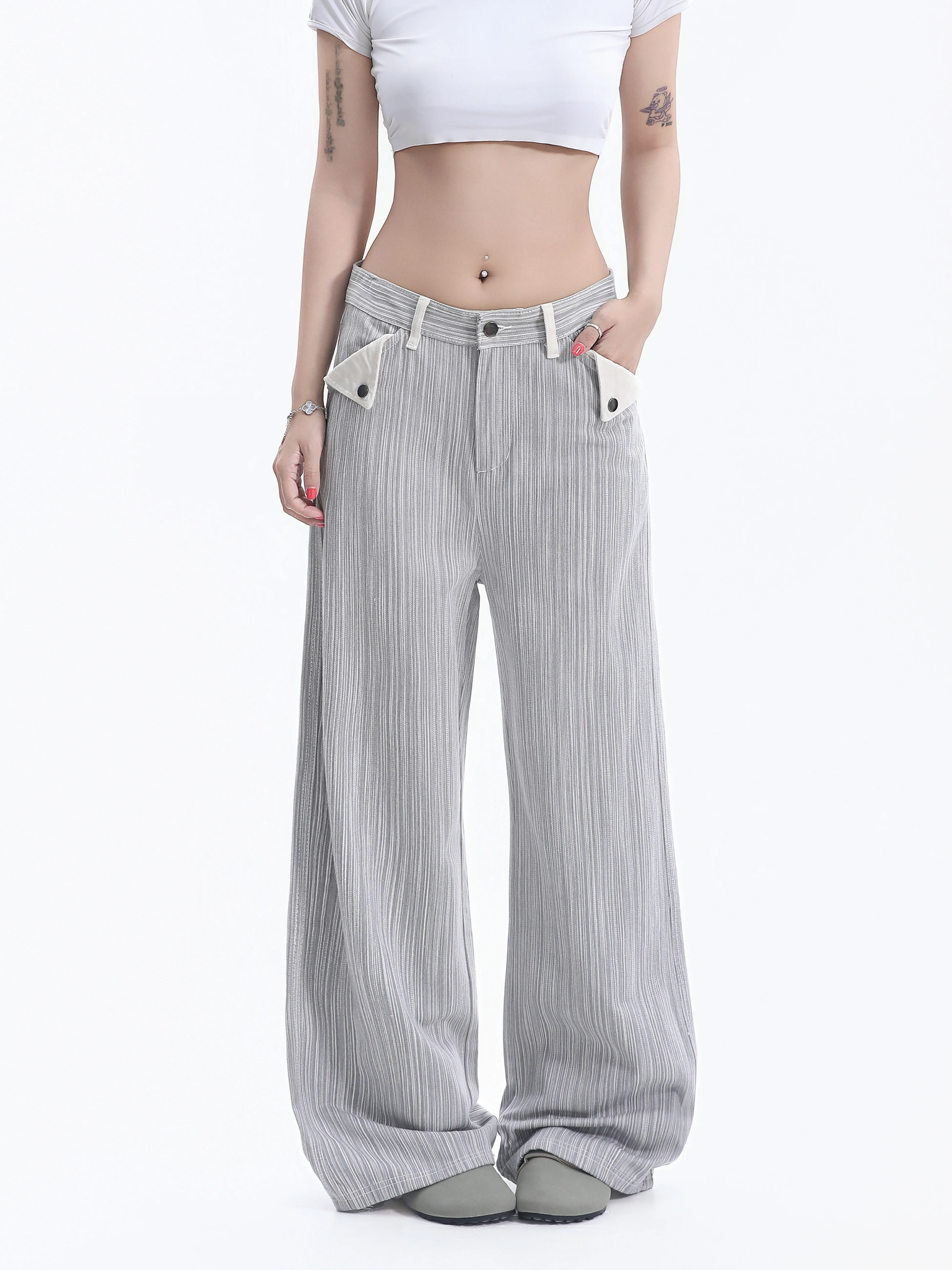 Wide Leg Straight Cut Denim Jeans Women's Color Block Striped Texture Draping Floor-Length Pants Natural Waist Cotton Blend