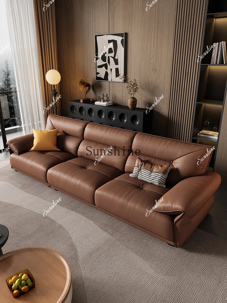 Italian minimalist leather sofa living room small apartment three people straight rowP