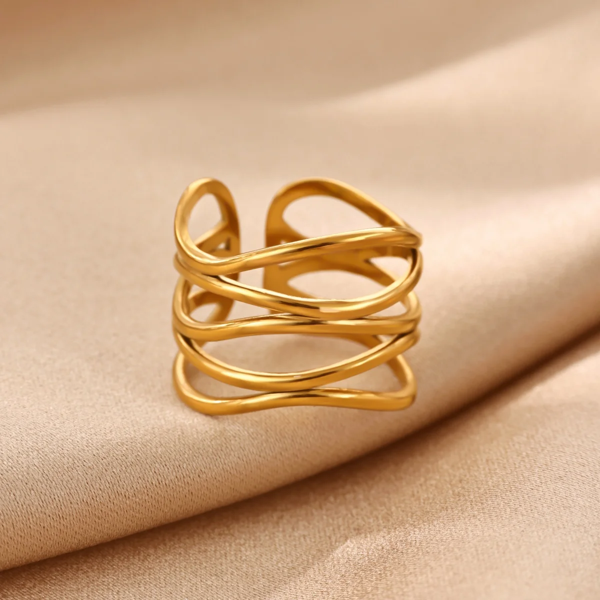 Minimalistische, mehrschichtige, gewellte Ringe für Damen, vergoldeter Edelstahl, breiter, klobiger Ring, für den täglichen Gebrauch, Statement-Schmuck, Geschenk