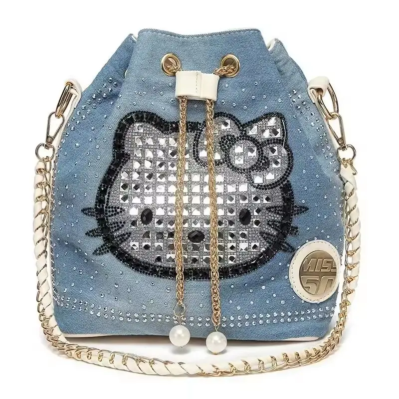 Sanrio Diamonds Hello Kitty Rhinestone Bucket Bags Women Fashion Shoulder Bag Purse Female Chain Crossbody Bag Girl Handbag Gift