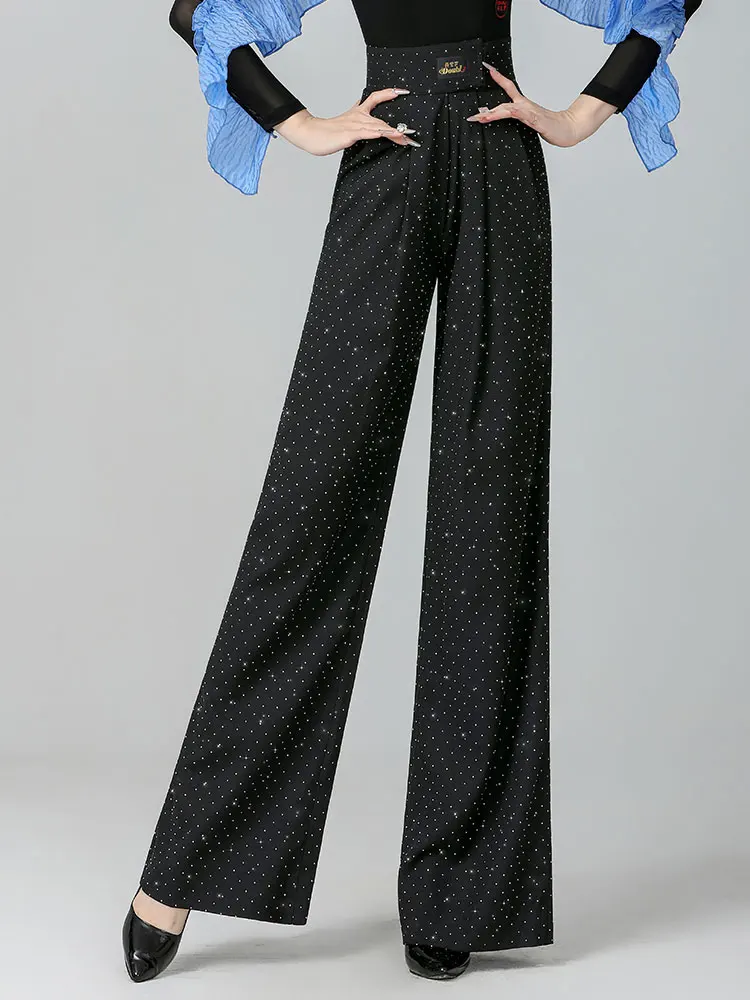 High Waist Latin Dance Pants Women's Dance Studio Dancing Pants Rhinestone Modern Dance Practice Trousers Ballroom Dancing