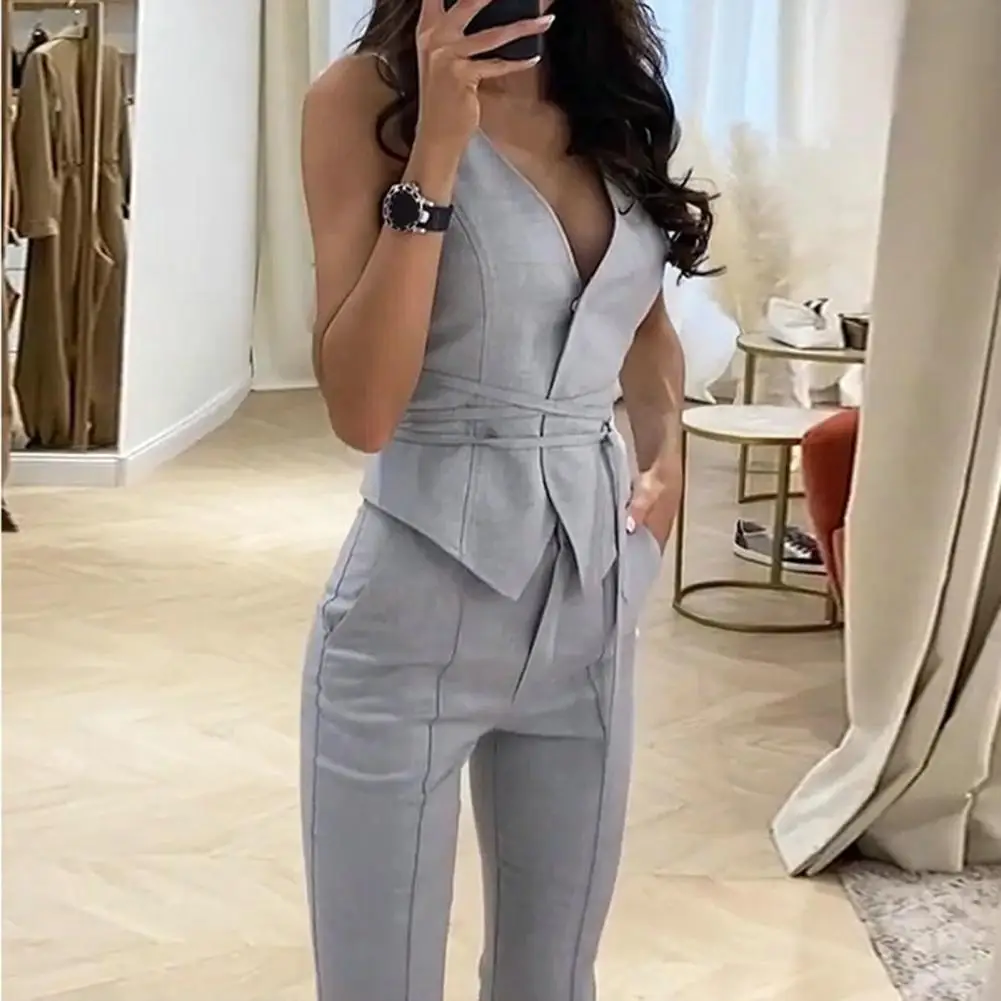 2 Pcs/Set Women Waistcoat Pants Set Tie Waist Office Lady Blazer Sleeveless Slim Fit Commute Female Summer Outfit Suit Clothes