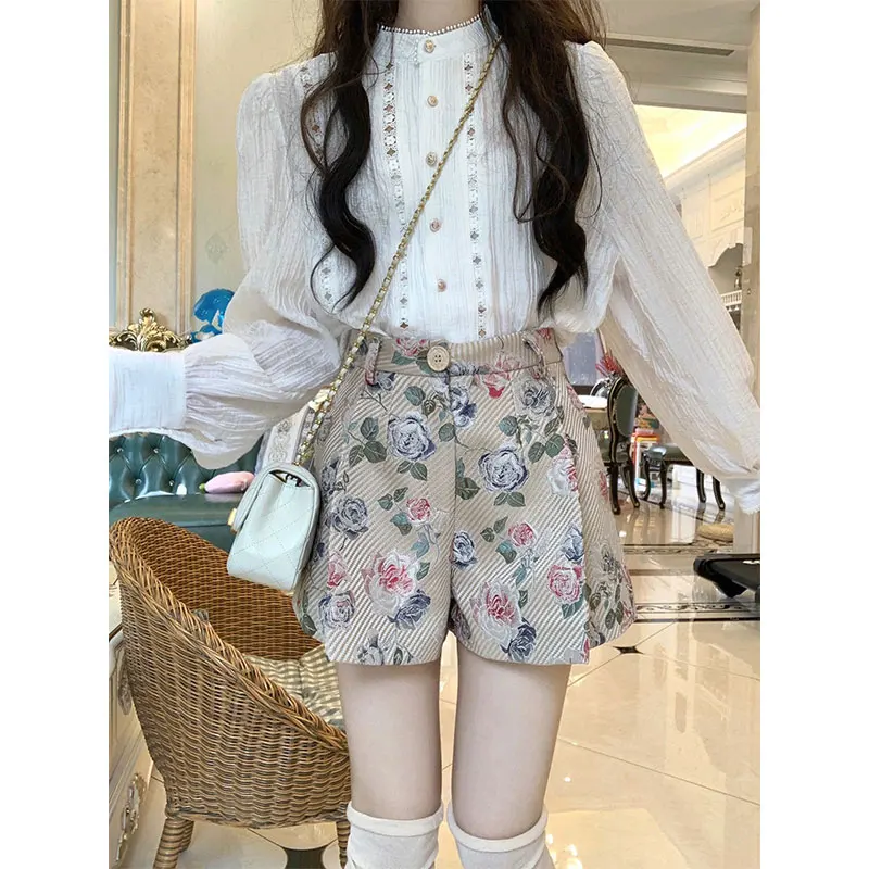 

Elegant Embroidered High Waist Shirt And Short Pants Two Piece Set Korean Style Comfortable Cotton Floral Patterned Fashionable
