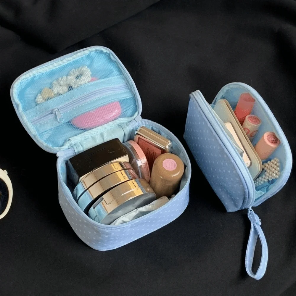 Simple Polyester Polka Dot Makeup Bag Light Blue Multi Size Cosmetic Pouch Zipper Checkered Travel Toiletry Storage Bag Portable
