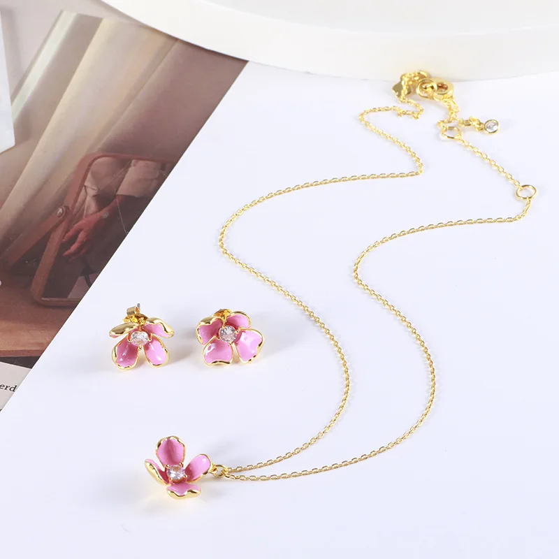 

Enamel Glaze and Colours Rhinestone Pink Small Flower Simple Anti-Aging Romantic Flower Ear Stud Necklace