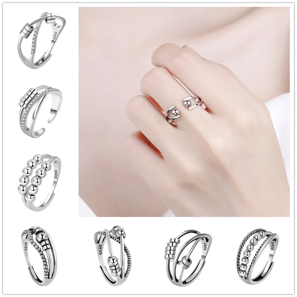 Women's Adjustable Open Ring with Twisted Metal Spinner Beads Anxiety Relief Fidget Ring Stackable round Beads for Relaxation