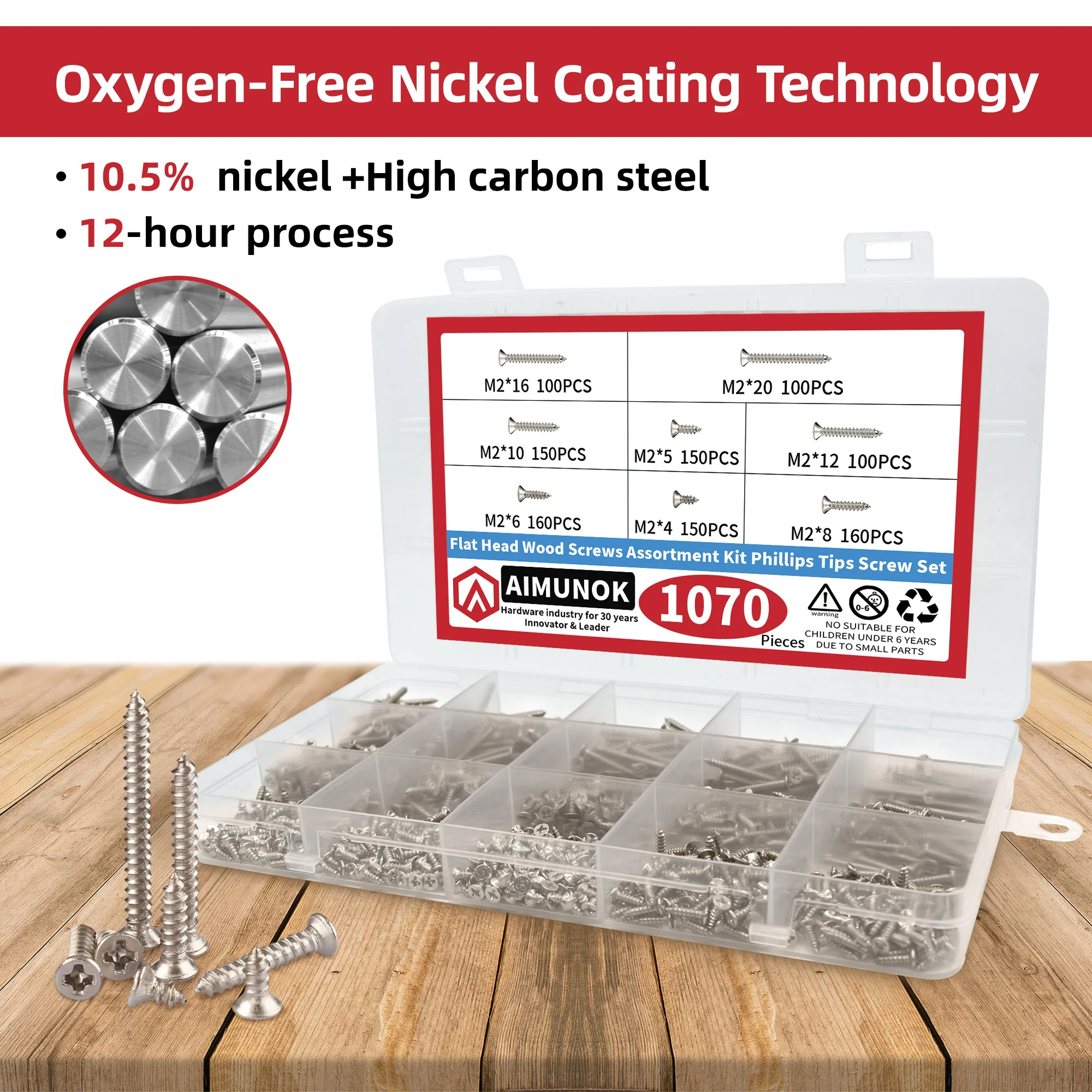 AIMUNOK 500/800/1070 Stück M2 ultradünne Kreuz-Flachkopf-selbstschneidende Schrauben für Möbel, Heimwerken und Reparaturen!