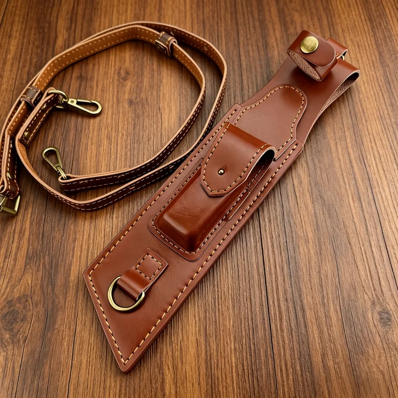 Split Cowhide Knife Sheath With Adjustable Detachable Shoulder Strap Multi Function Storage Pouch Metal Ring Snap Waist Carry Sc