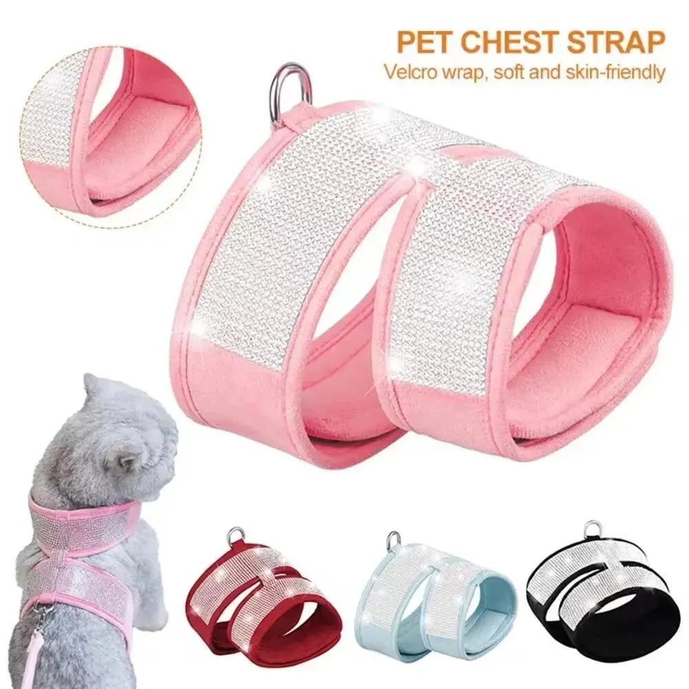 Pet Cat Harness Anti-escape Rhinestone Pet Dogs Cats Chest Strap With Leash Pink