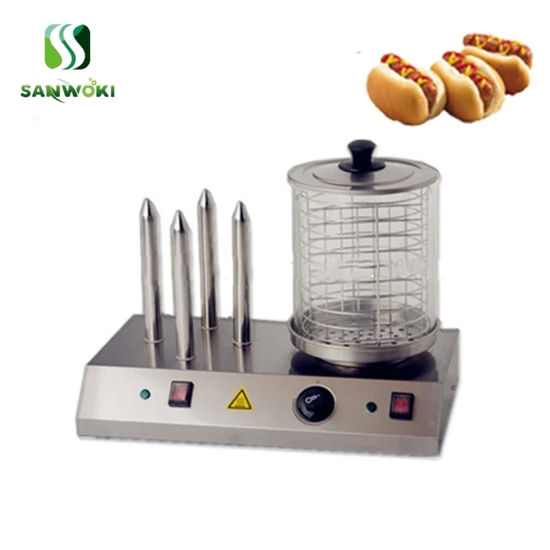 French hot Dog insulation Machine sausage Grill Steam heating bread Steamer with 4 spike Bun Warmer Rolling Hot-Dog Grill