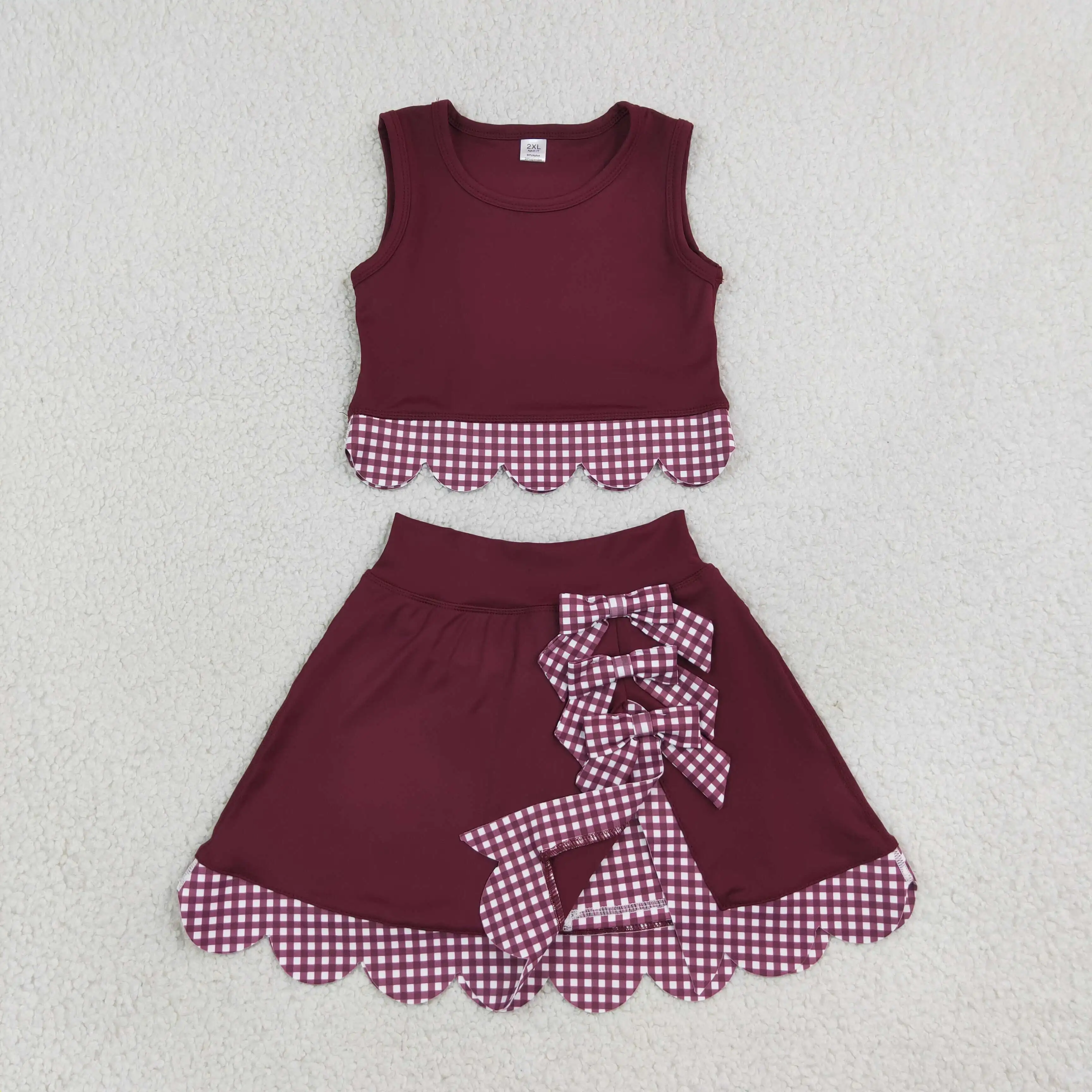 Wholesale Baby Girl Yoga Active Toddler Sleeveless Plaid Shirt Bows Skirt Shorts Kids Skort Set Athletic Summer Clothes