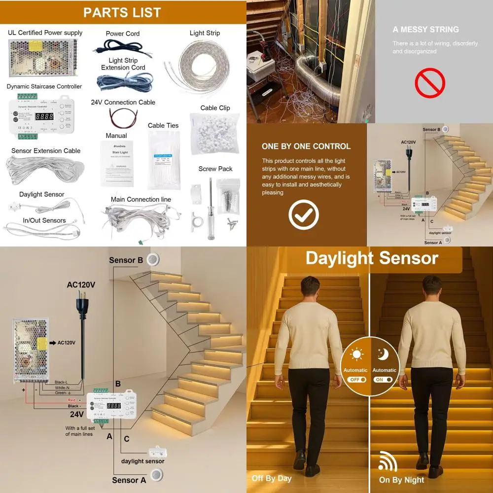 

Intelligent Motion Triggered LED Stair Lighting Kit, 60 Inches Long Cuttable LED Strip Light for Indoor Stair Lights (Warm White