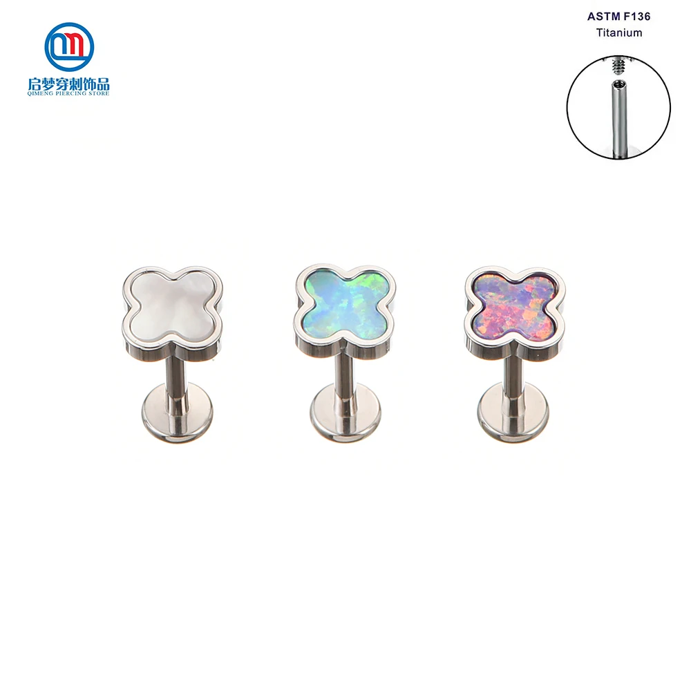 

QM ASTM F136 Titanium Internally Threaded White Shell and Opal Flower Tops Labret Flat Helix Earring Body Piercing Jewelry