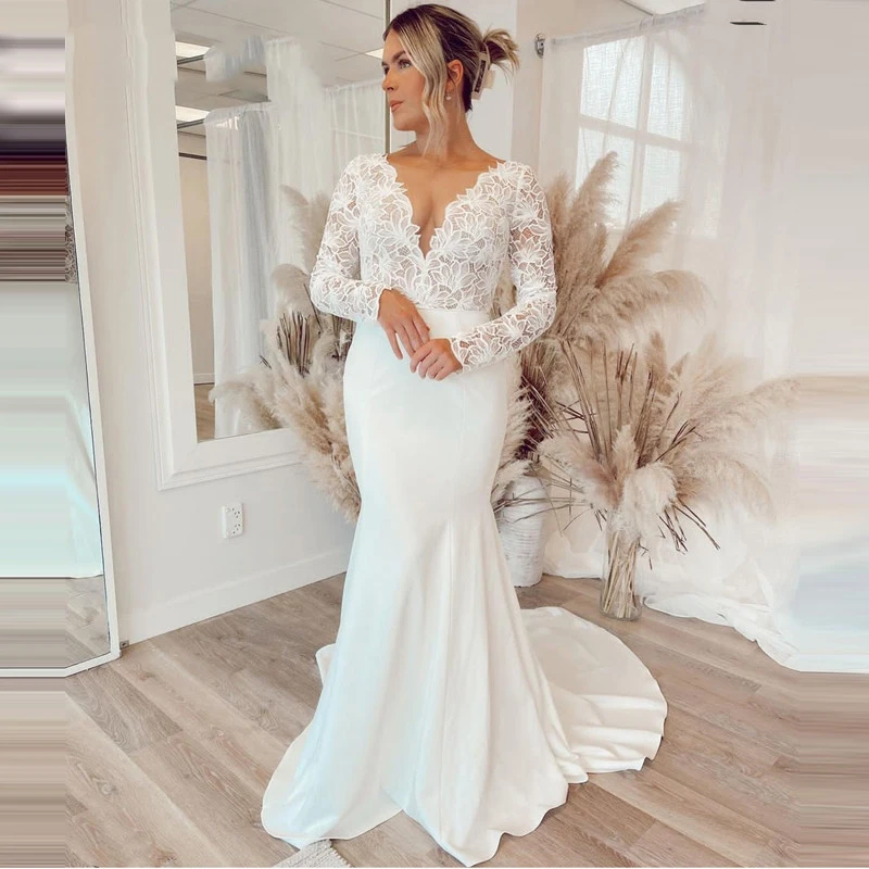 

Elegant Mermaid Satin Wedding Dress with Long Sleeves Sexy V-Neck Full Back Appliques Plus Size Bridal Gowns Vestido de Novia