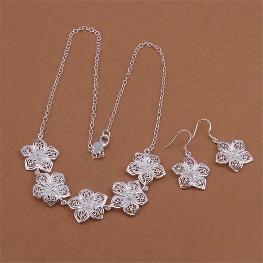 

High quality Silver Color Jewelry Set Fashion Charm Women Noble Elegant Exquisite Hollow Flowers Necklace Dangle Earrings S451