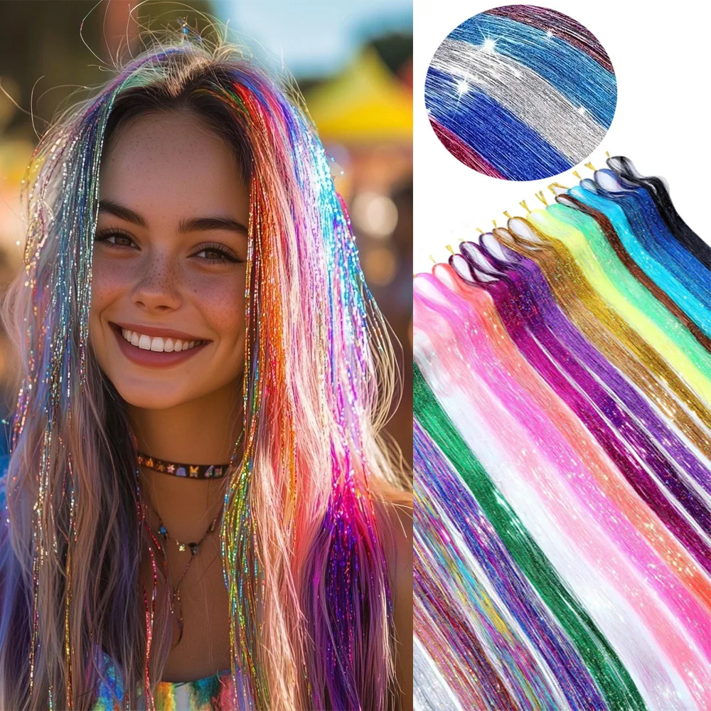 93cm Sparkle Hair Tinsel Rainbow Colored Strands Girls Headwear Hairbinge Hair Laser False Hair Extensions Decor Glitter Strips