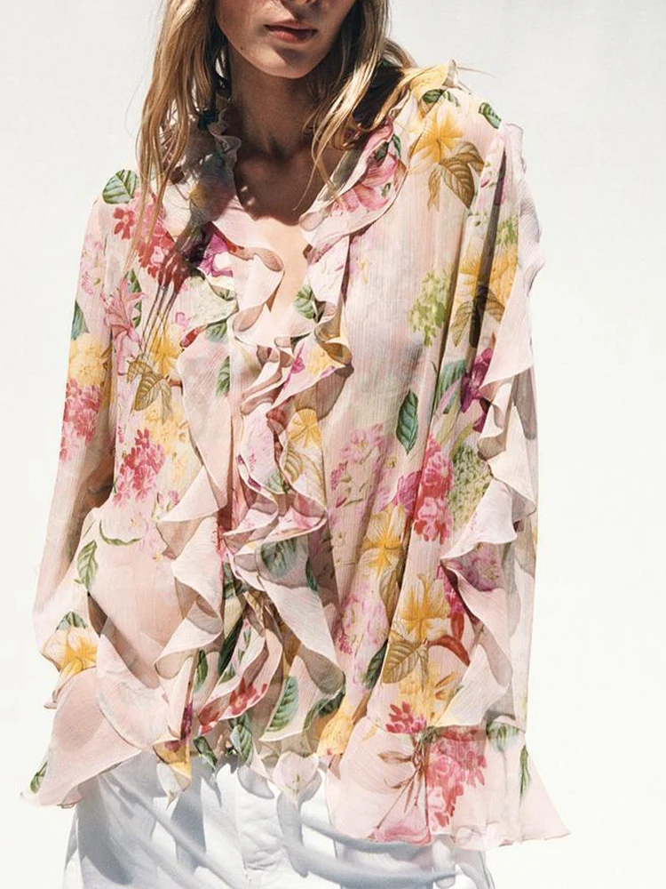 

European and American style summer women's clothing new style versatile flower print layered decoration long sleeve shirt