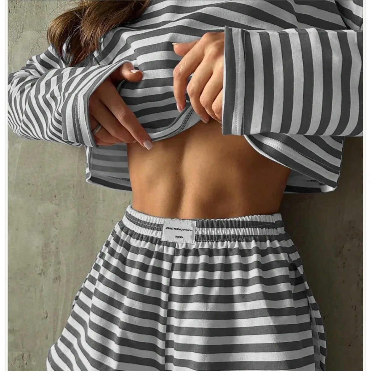 New Comfortable and Fashionable Knitted Striped Long-Sleeved Short Pants Sleepwear Set Cross-border Home Clothing for Women
