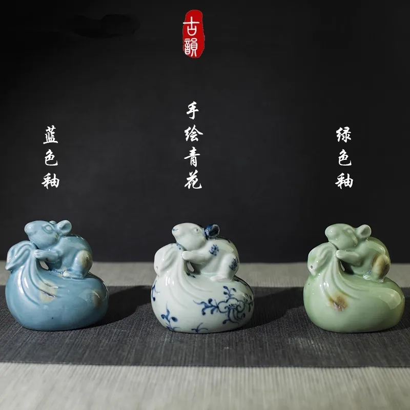 Blue and White Ceramic Rat Water Dropper - Chinese Zodiac Scholar's Tool, Inkstone Accessory, Art Craft Gift 7x7 cm