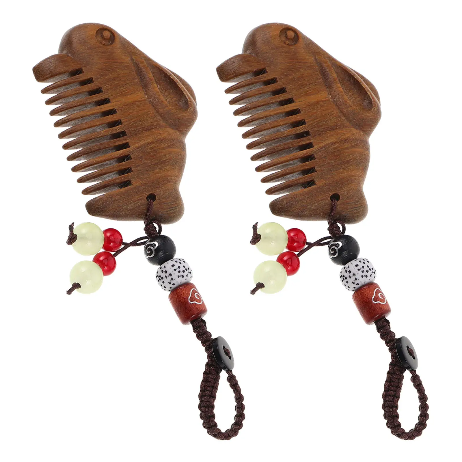 2Pcs Vintage Sandalwood Comb Chinese Massage Wooden Hair Comb Wide Tooth Portable Pocket Travel Size Carved Lotus Keychain
