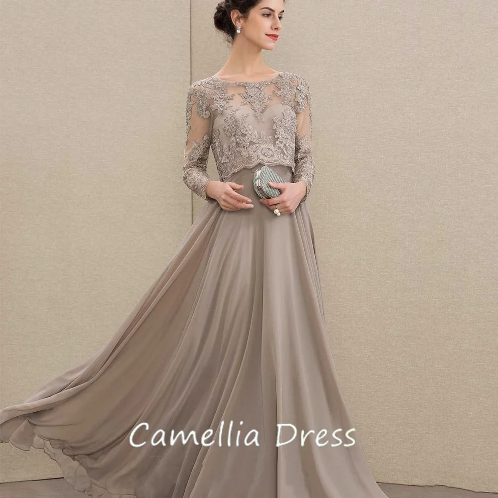 

Customized Elegant A Line Chiffon Mother of Bride Dresses Long Sleeve Formal Evening Gowns Lace Bridal Party Dress