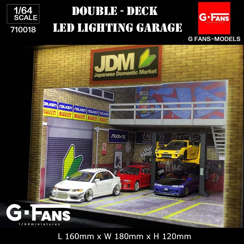 G-Fans 1:64 Assemble Diorama Double-Desk LED Lighting Garage Model Car Parking Lot Display - JDM Version