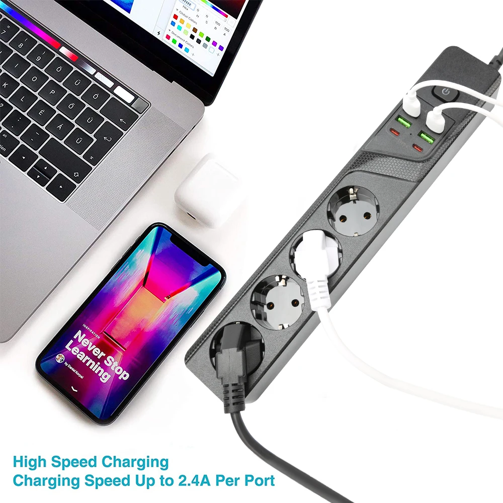 Extension 2M Cable EU Plug Power Strip Overload Surge Protection 3000W 10A 250V Socket 4 USB 2 Type C Port HUB for Phone Tablet