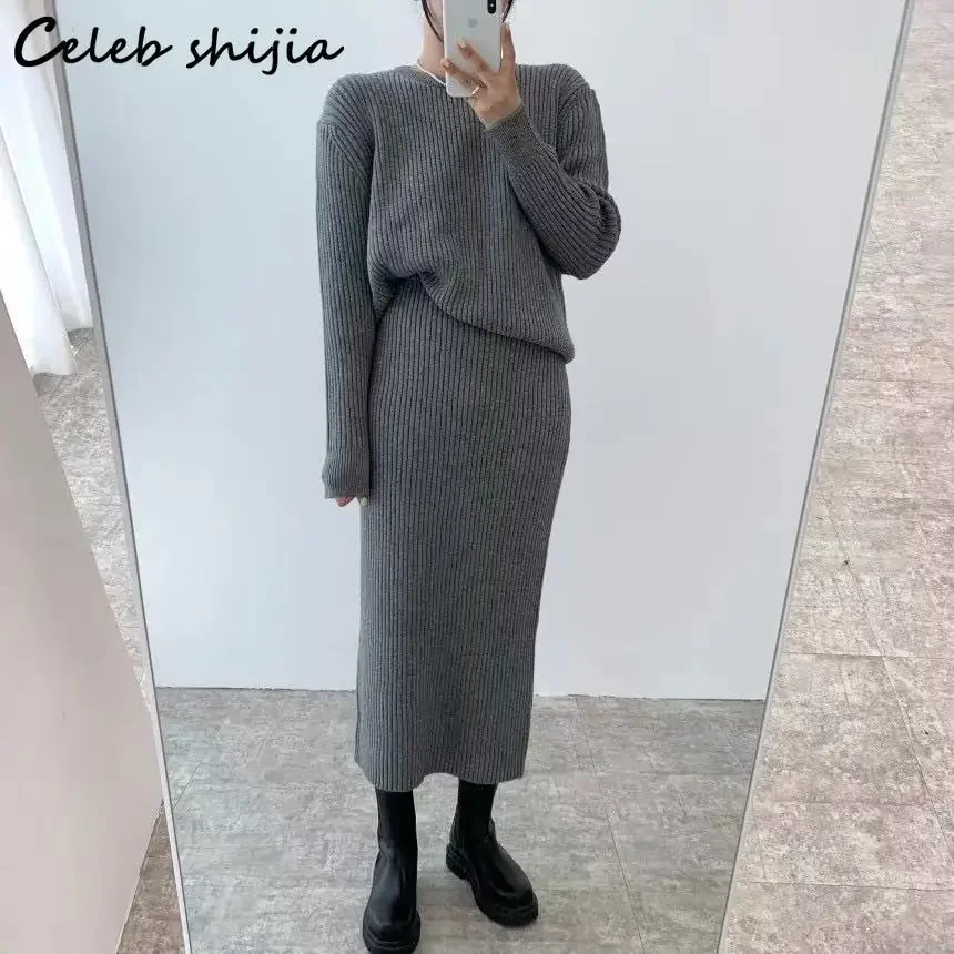 Winter Knit 2 Piece Sets Women O-neck Sweater + High Waist Skirts Autumn Oversized Vintage Runway Woolen Set Female Korean