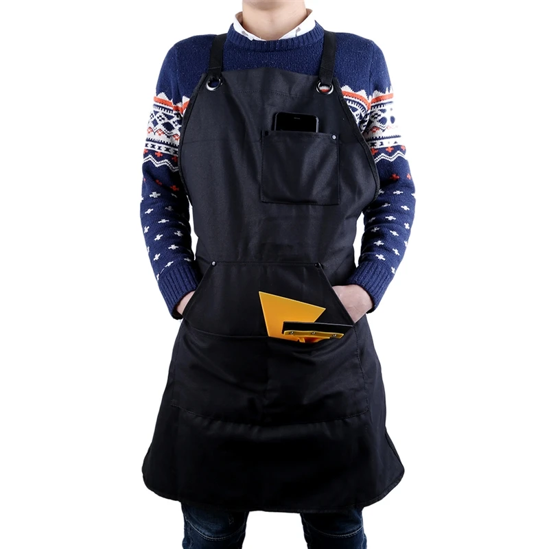1pc Unisex Work Apron For Men, Canvas Black Apron Bib, Adjustable Cooking Kitchen Aprons For Woman With Tool Pockets