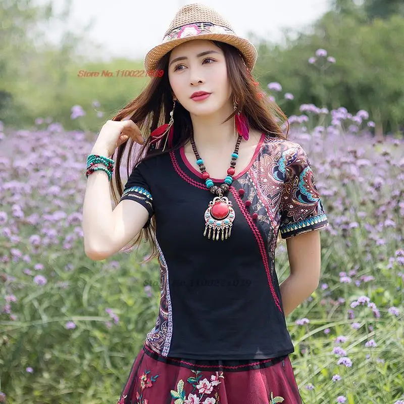 

2026 китайская винтажная футболка с принтом национального цветка, с круглым вырезом, традиционная этническая базовая футболка, женская уличная одежда, народная рубашка