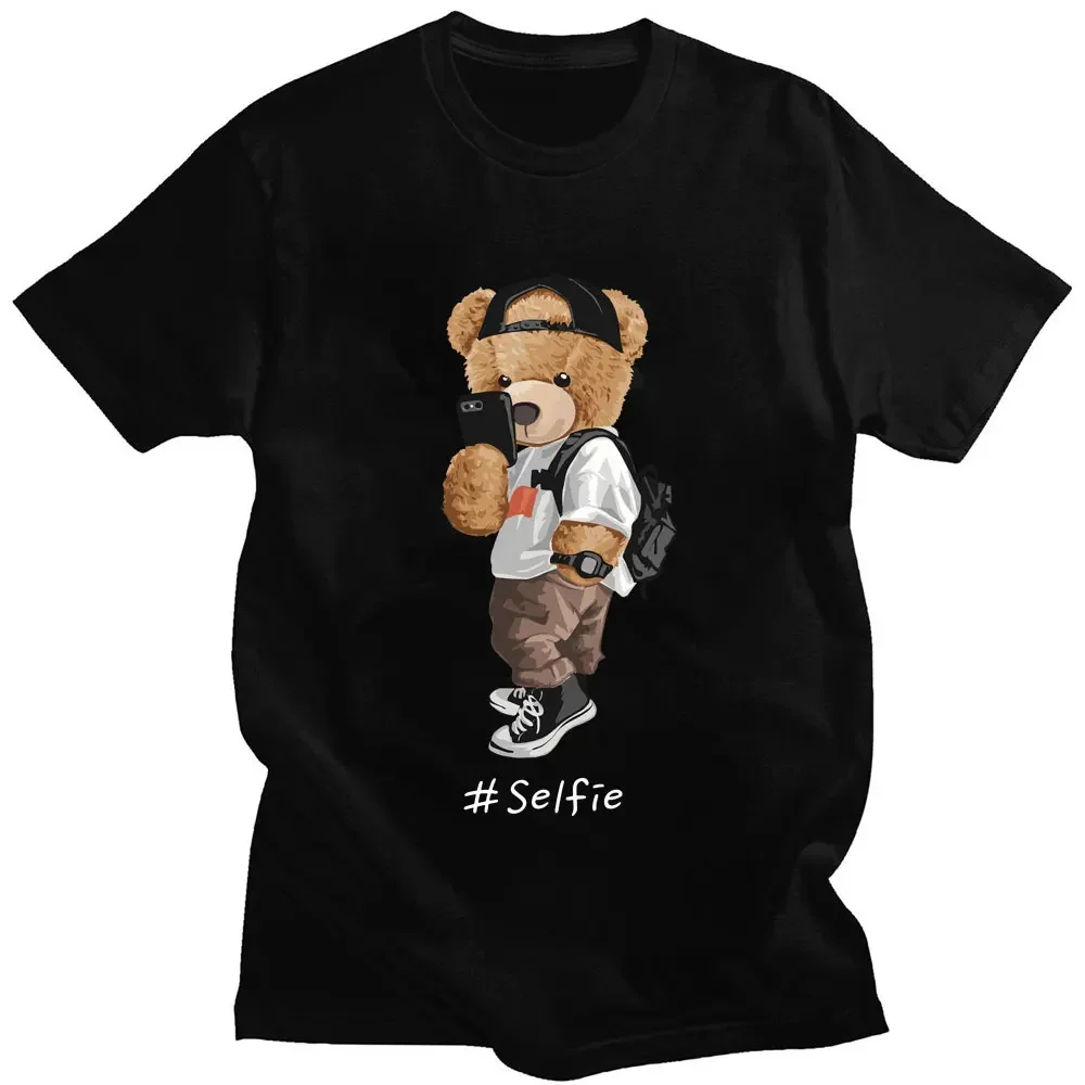 Funny Selfie Bear Print T Shirt Cotton Men Teens Short Sleeve Street Hipster T-shirt Cozy o-neck Summer Casual Round Collar 2024