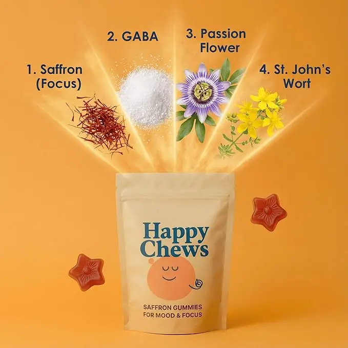 Happy Chews Saffron Gummies,Natural Herbal Chewable Supplement for Mood & Focus Support with GABA Passion Flower Shaped