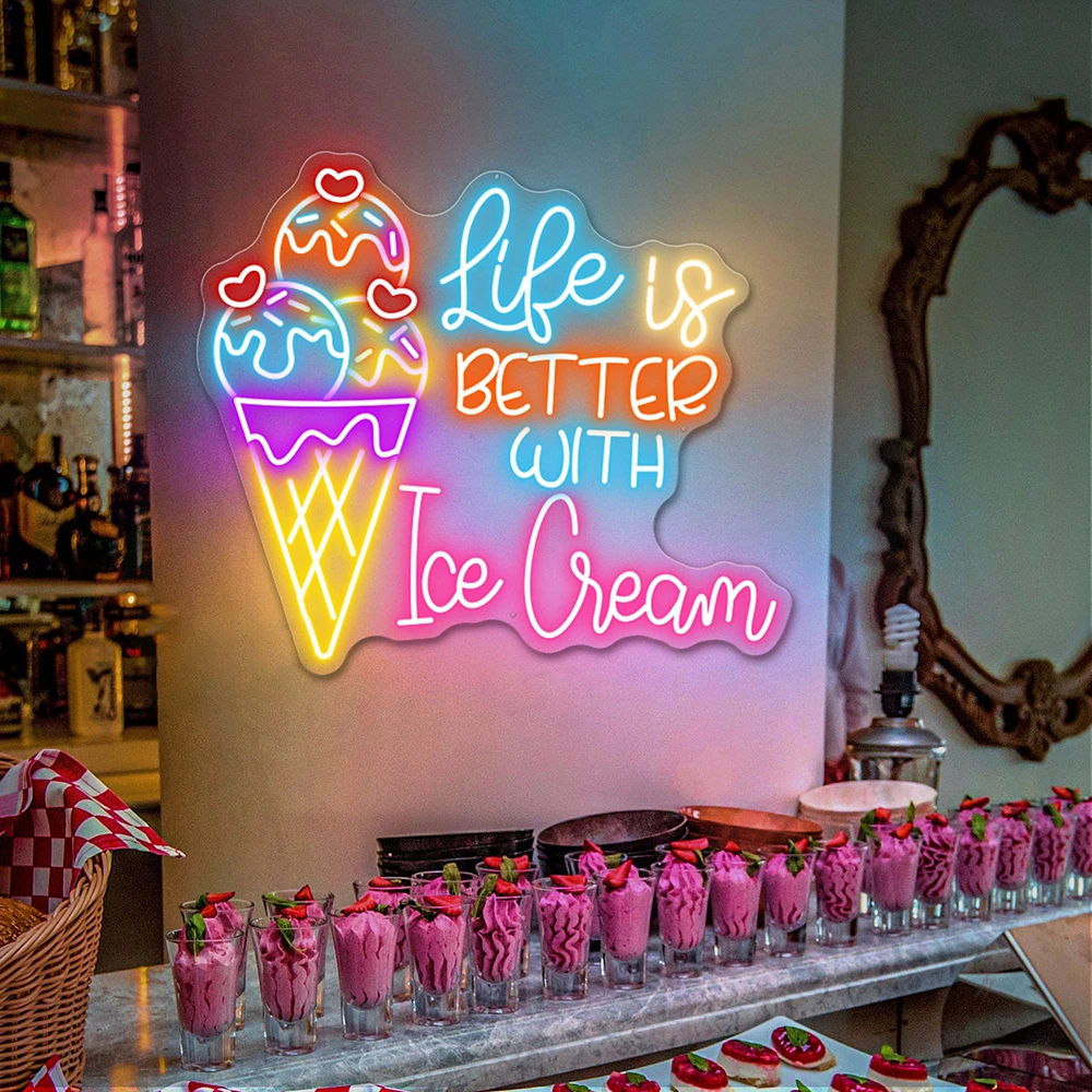 Letrero de neón Life Is Better con helado, letrero de tienda de helados, arte de pared, decoración de negocios personalizada, logotipo Led, lámpara de luz de neón