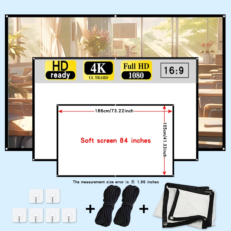 84 inch projection screen with rope. Suitable for office meeting rooms, home theaters, outdoor camping, etc.