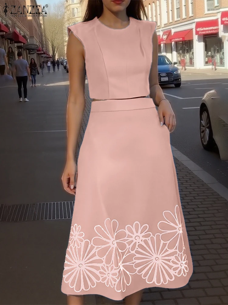 

ZANZEA 2PCS Women Suits Summer Work Outfits Sleevless Tank Tops A-Line Midi Skirts 2025 Fashion Party Vintage Printed Dress Sets