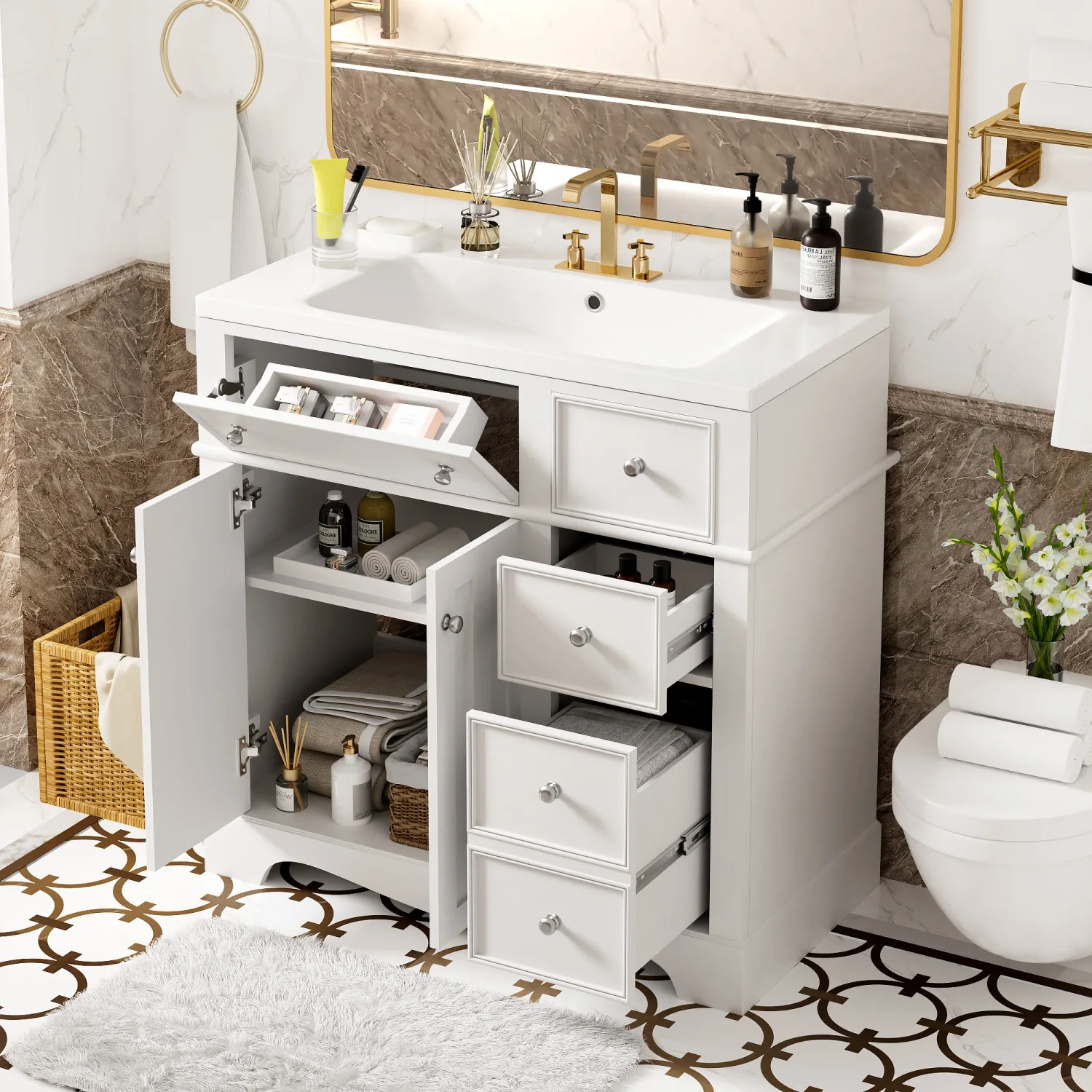 

36'' Bathroom Vanity with Resin Sink Combo, Solid Wood Frame Bathroom Storage Cabinet, Freestanding Vanity Set with 3 Drawers& A