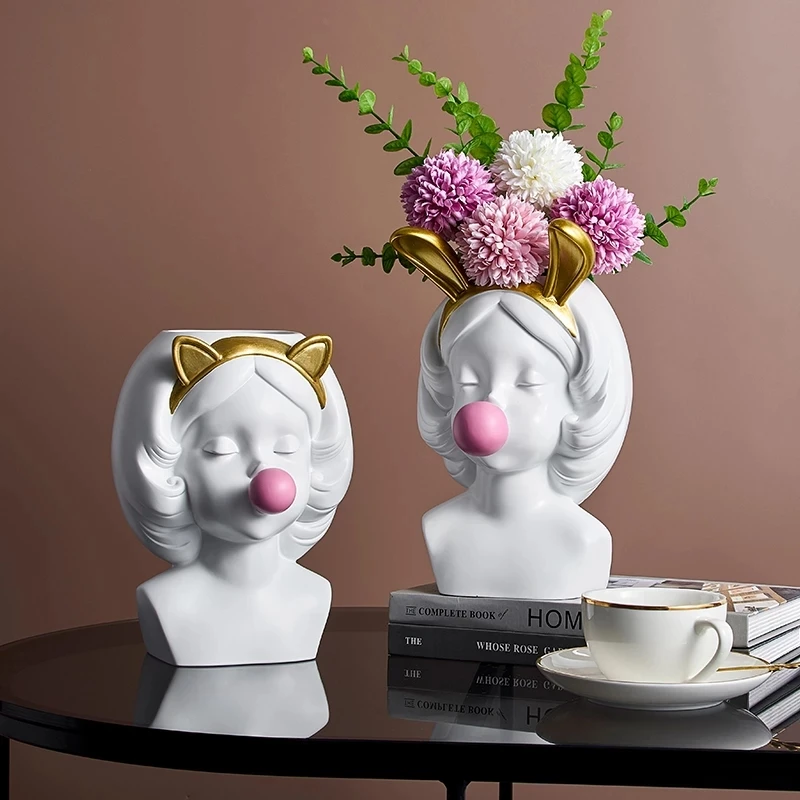 

Resin Vase Nordic Modern Home Decoration Cute Girl Blowing Bubbles Decorative Head Carving Flower Vases Pen Holder Vase Flowers