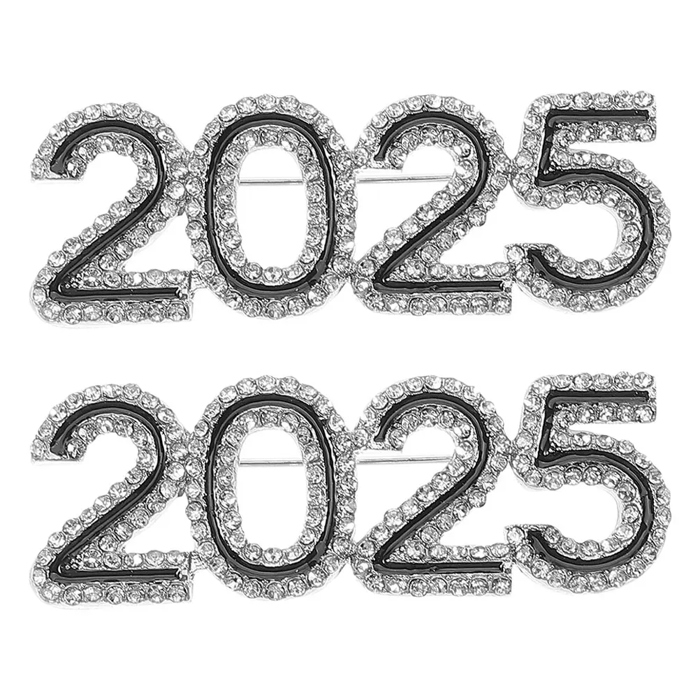 

2Pcs 2025 Sparkly Rhinestone Brooch Decorative Jewelry Pins New Year Fashion Clothing Accessories for Men Women