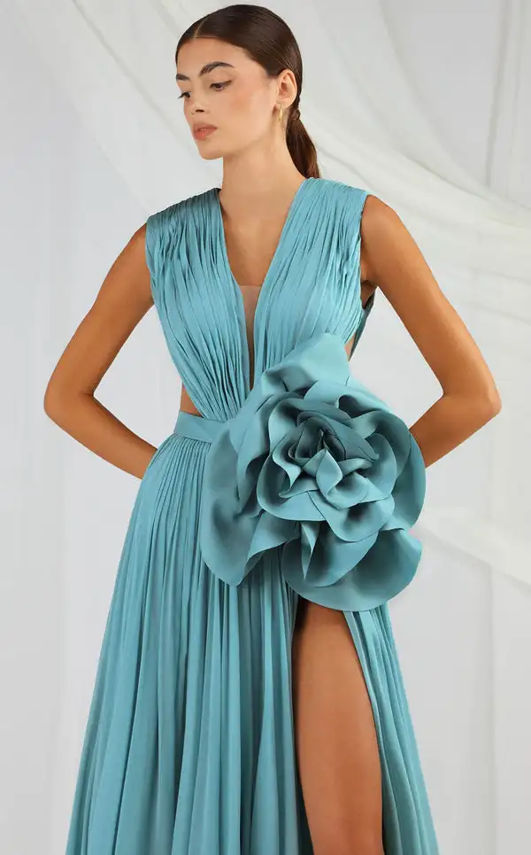 

Customized Modern Style Chiffon Sash Handmade Flower Draped Button A-line V-neck Long Dresses Bespoke Occasion Dresses Matching