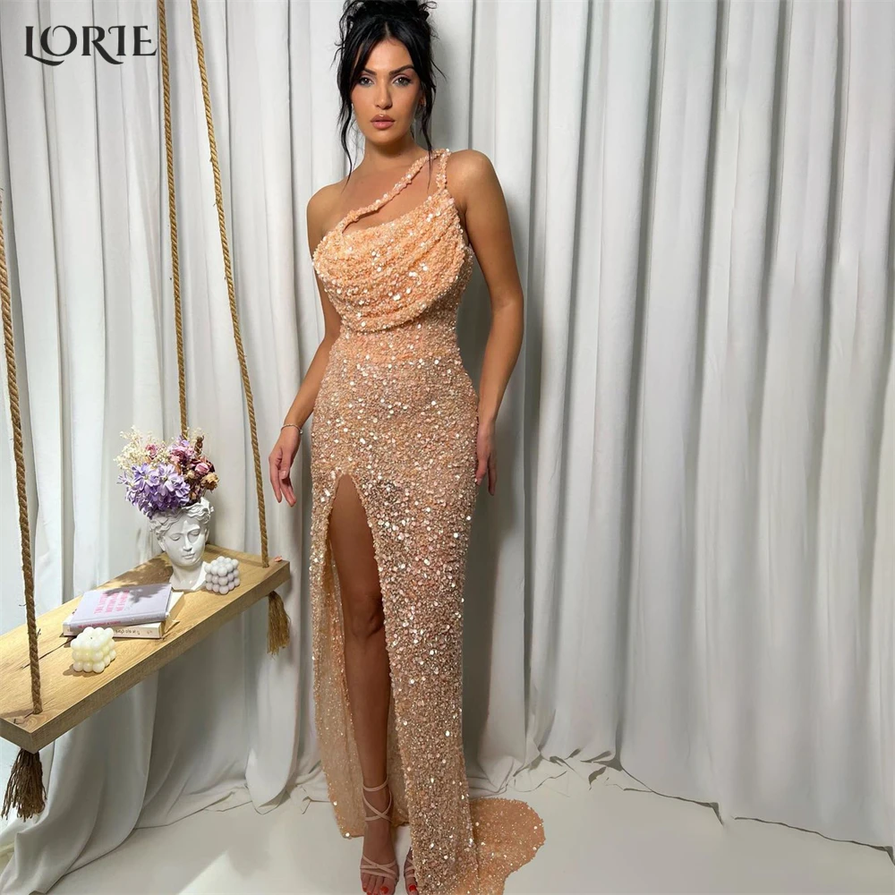 

LORIE Sexy Glitter Mermaid Evening Dresses Ruched One Shoulder Sparkly Backless Prom Dress High Side Slit Celebrity Party Gowns