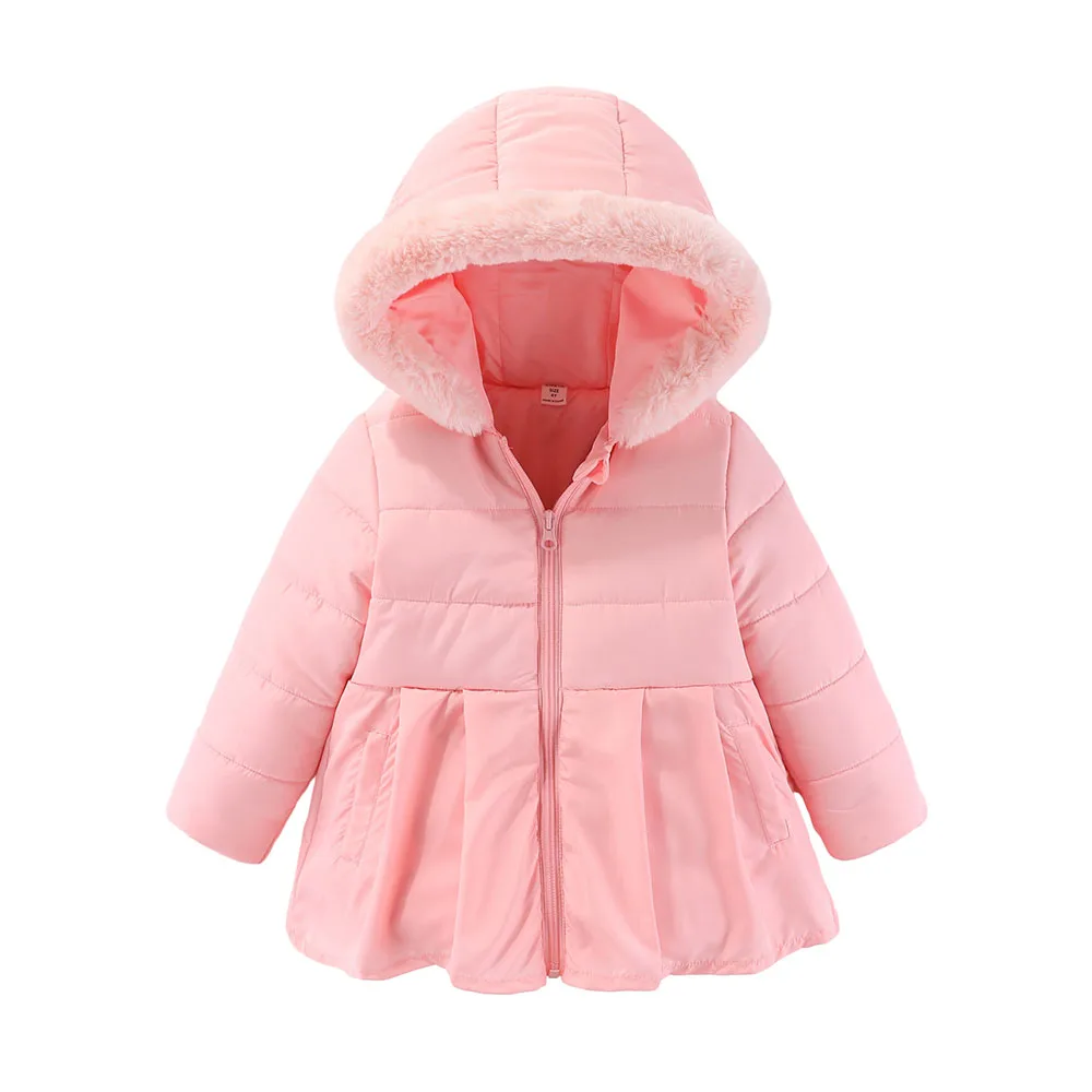 4-7T Kids Cute Toddler Girls Cotton Padded Coat Hooded Fleece lined Fur Collar Zip-up Warm Jacket For Fall winter