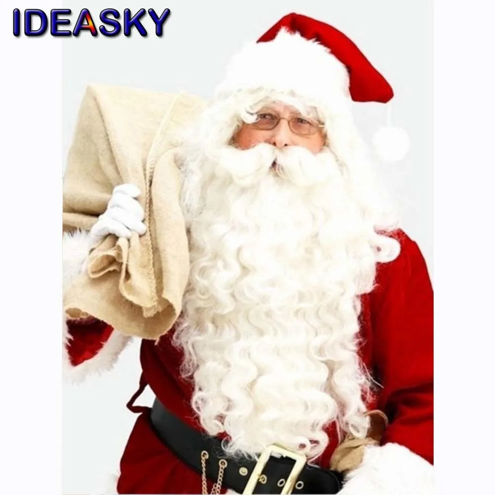 Disfraz de Papá Noel de Navidad de alta calidad, peluca para hombres y mujeres + conjunto de barba, vestido elegante para adultos, Cosplay resistente al calor con barba de Claus