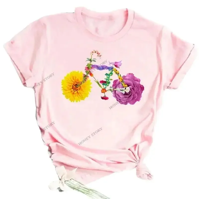 Funny Flower Bicycle Women T Shirt  Bicycle Print Vintage Aesthetic Clothes Graphic T-shirts Y2k Tops Harajuku Oversized Tee